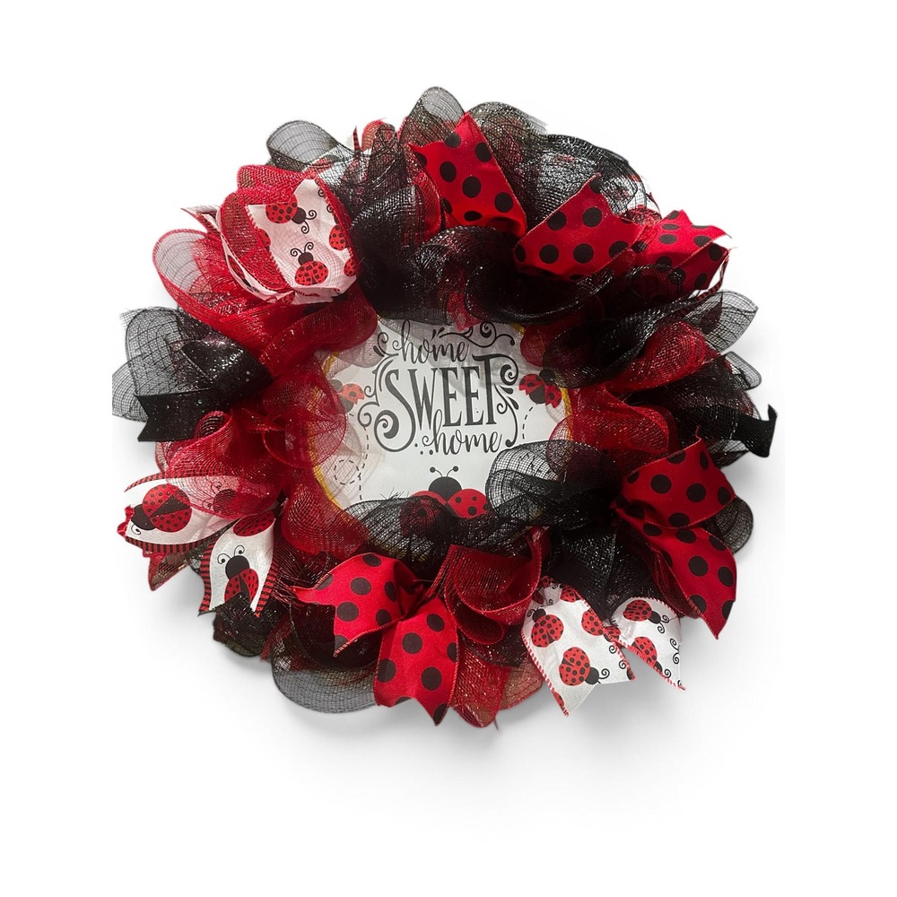 Handmade Ladybug Wreath: Vibrant Red Black Decor Welcome Friends